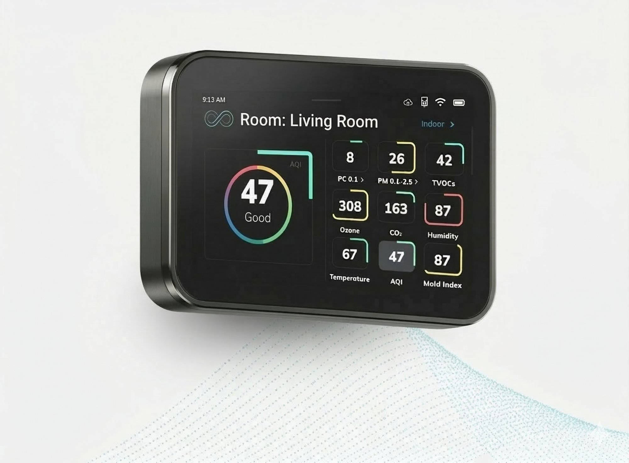Commercial-grade indoor air quality monitor showing AQI, particulate matter, VOCs, ozone, CO2, humidity, temperature, and mold index readings